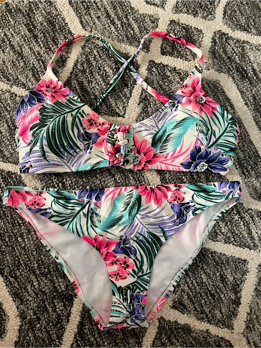 Tropical Floral Lace-Up Bikini Set - Pink & Teal